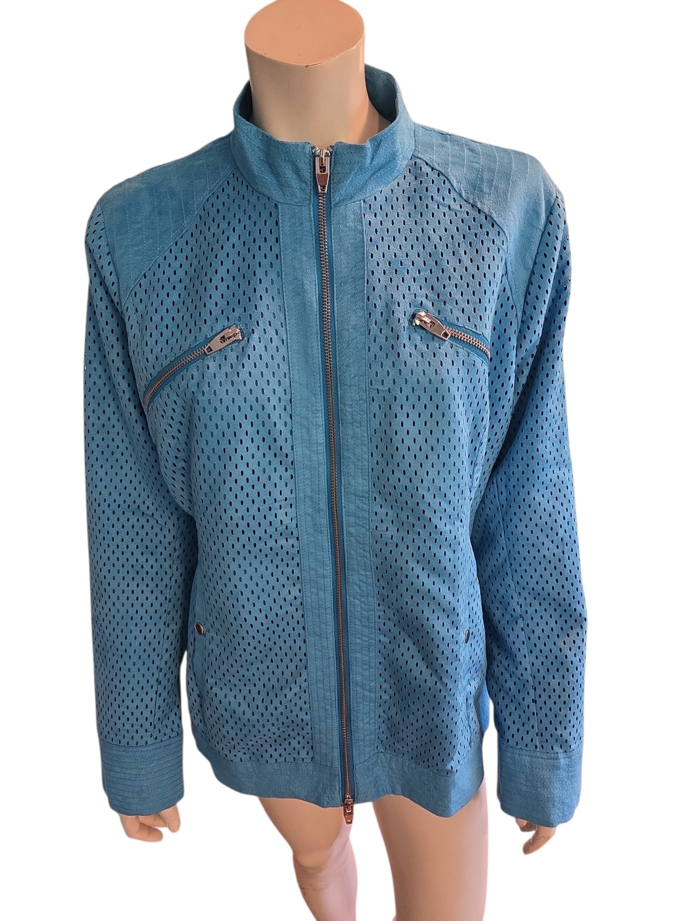 Blue Perforated Faux Suede Zip Moto Jacket